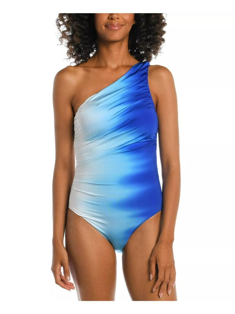 NEW La Blanca Blue White Tummy Control One Shoulder One Piece Swimsuit Ruched